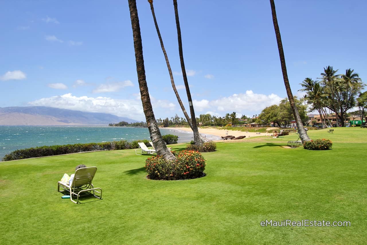 Setup a lounge chair on the large grassy area fronting the Royal Mauian and admire the ocean and beach views